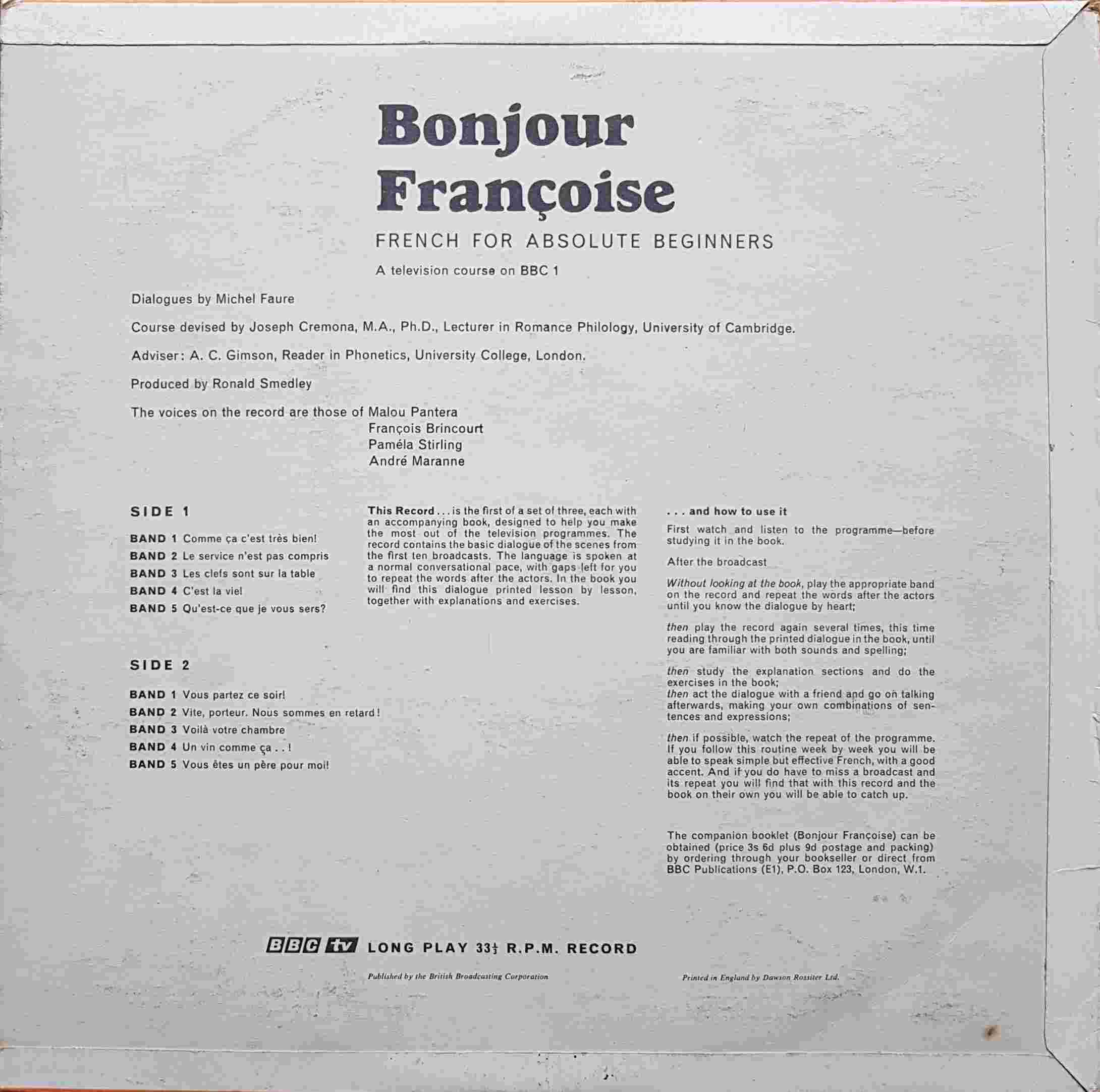 Picture of OP 41/42 Bonjour francoise - French for absolute beginners - Lessons 1 - 10 by artist Michel Faure / Joseph Cremona / A. C. Gimson from the BBC records and Tapes library
